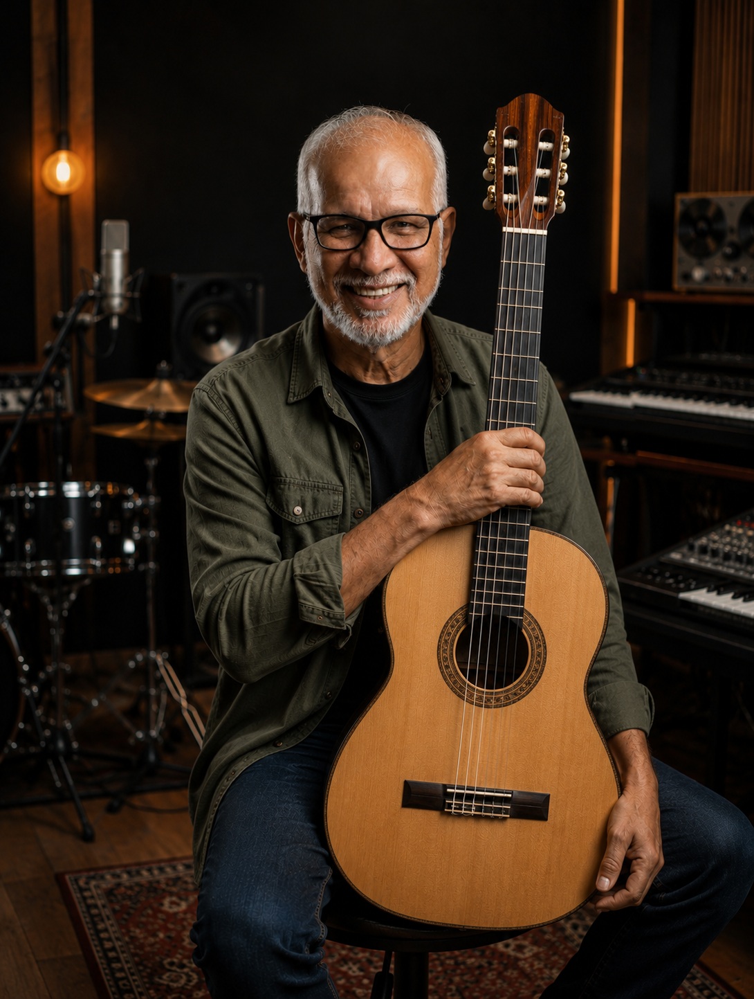 Oseias Lopes com seu violão no estúdio